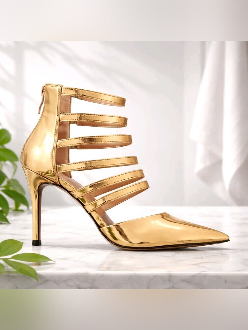 Things II Come NEW IN BOX! Gold Strappy Pointed-Toe Stiletto Heel